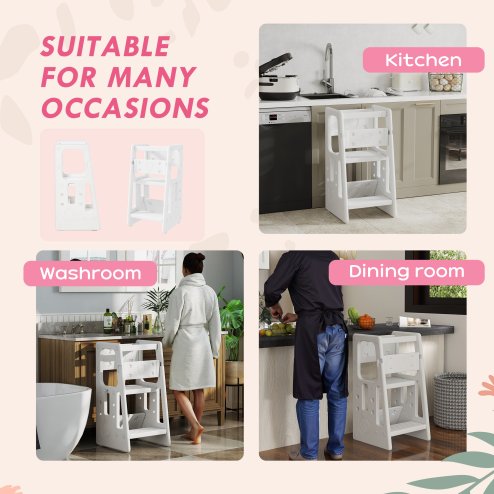 HOMCOM Kids Step Stool, Adjustable Standing Platform, Toddler Kitchen Stool, Standing Tower for Kids, Kitchen Counter with Three Adjustable Heights - White