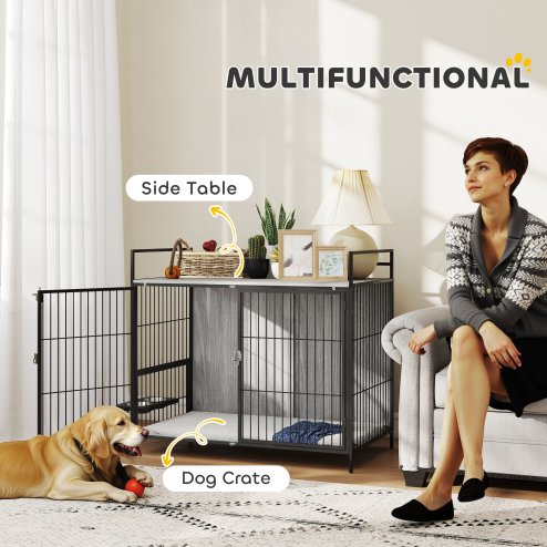 PawHut Dog Crate Furniture with 2 Rotatable Bowls, Dog Crate End Table with 2 Anti-Escape Doors, Storage Shelf, for Large Dogs, 100 x 60 x 88 cm, Grey