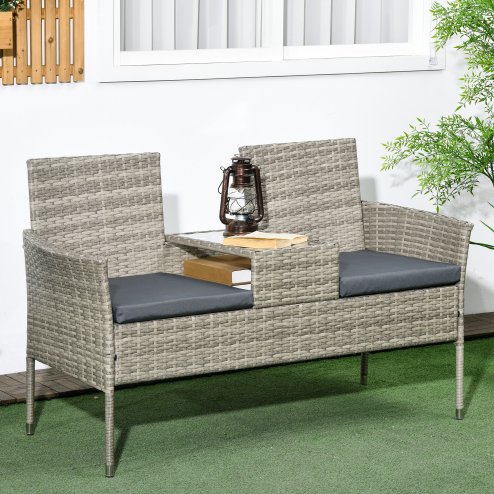 Outsunny 2 Seat Rattan Garden Bench, Patio Wicker Chair with Glass Tea Table, Outdoor Love Seat with Padded Cushions, for Garden, Porch, Mixed Grey/Grey
