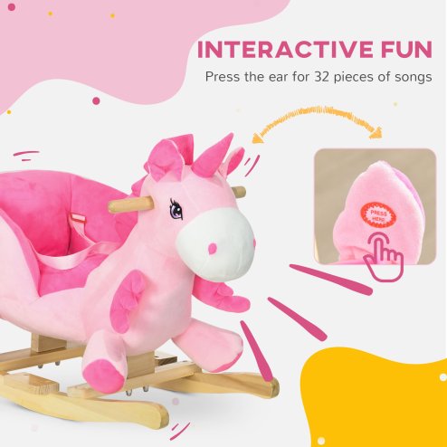 HOMCOM Rocking Horse, Kids Plush Ride on Unicorn with Songs, Wooden Base, Seat Belt, for Toddlers 18-36 Months, Pink