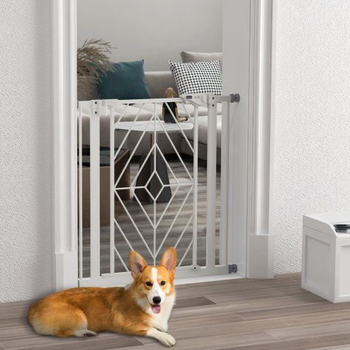 PawHut Pressure Fit Safety Gate for Doorways and Staircases, Dog Gate with Auto Closing Door, Pet Barrier for Hallways with Double Locking, Openings 74-80cm - White