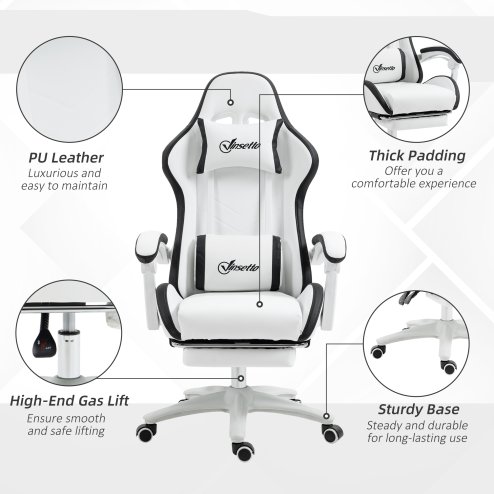 Vinsetto Computer Gaming Chair, PU Leather Office Desk Chair with Footrest, Swivel Wheels, 135?? Reclining Back, Lumbar Support, Headrest for Home, White and Black