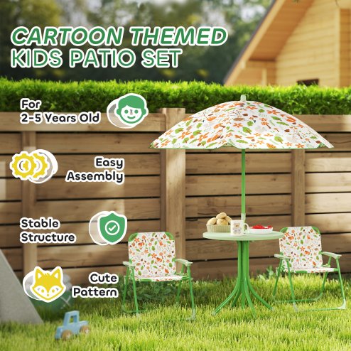 AIYAPLAY Children Table and Chair Set with Adjustable Parasol, 2 Folding Chairs, Picnic Table, Fox Pattern Outdoor Patio Set, for Ages 2-5 Years, Green