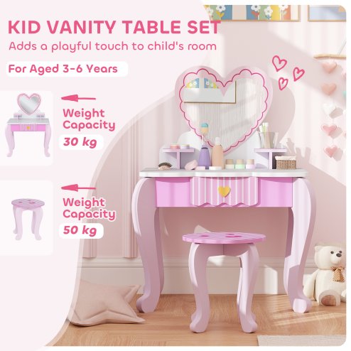 AIYAPLAY Kids Dressing Table Set, 2-Piece Children Vanity Table with Stool, Mirror, Drawer, Desktop, Storage, Heart-Themed Makeup Desk and Chair, Pink