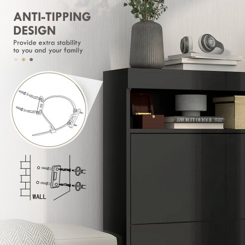 HOMCOM Narrow Shoe Cabinet, Wall Mounted or Freestanding Shoe Storage Cabinet with 2 Flip Drawers and Open Shelf for 12-16 Pairs of Shoes for Entryway, High Gloss