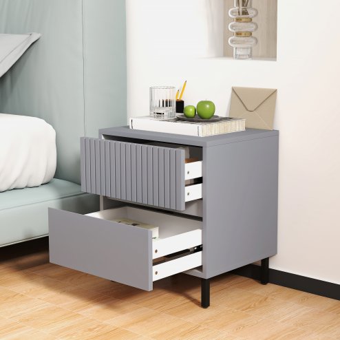 HOMCOM Bedside Table, Side Table with 2 Drawers, Bedside Cabinet with Storage and Steel Legs for Bedroom, Living Room, Grey