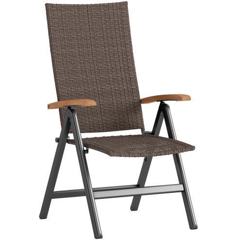 Outsunny Outdoor Folding Dining Chair, PE Rattan Chair with Armrests, High Backrest, for Garden, Camping, Balcony, Porch, Brown