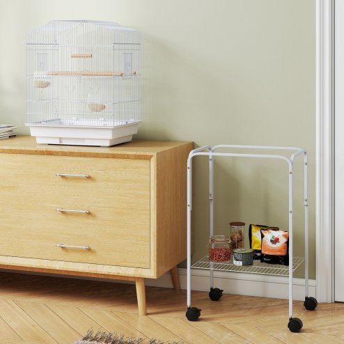 PawHut Bird Cage Budgie Cages for Finch Canary Parakeet with Stand Wheels Slide-out Tray Accessories Storage Shelf, White 46.5 x 36 x 124 cm