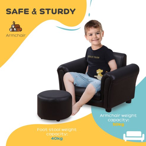 HOMCOM Children's Armchairs Toddler Chair Sofa Single Seater Childrens Armrest w/ Footstool - Black