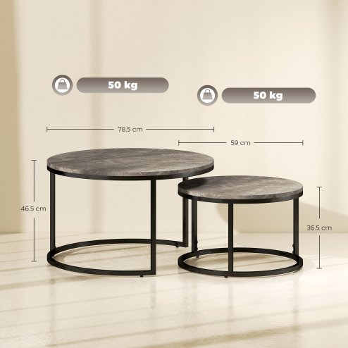 HOMCOM Round Nesting Coffee Table Set of 2, Large Stacking End Side Table with Steel Frame for Living Room, Bedroom, Home Office, 78.5 x 78.5 x 46.5 cm, Marble Dark Grey