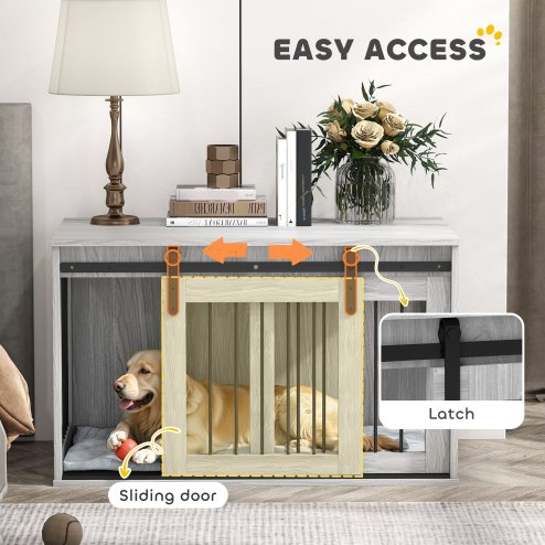 PawHut Dog Crate Furniture, Dog House Furniture Style for Large Breeds, Pet Kennel with Removable Cushion for Indoor Use, 98 x 58 x 61cm, Grey