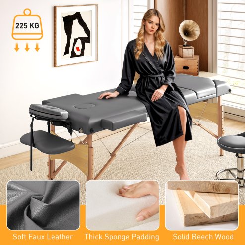 HOMCOM Portable Massage Table, 3 Section Adjustable Beauty Bed, Wooden Foldable Massage Bed with Face Cradle, Padded Armrests for Spa, Lash, Tattoo, Grey