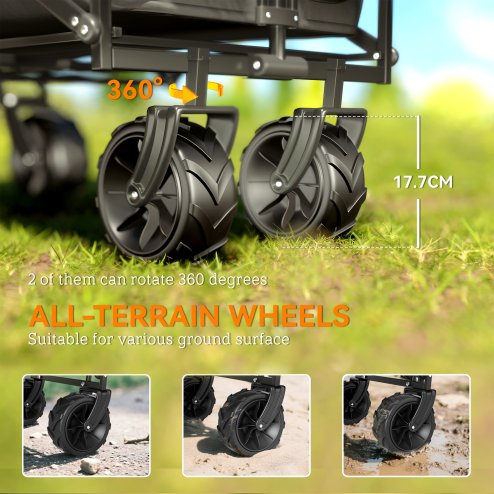 Outsunny 120L Festival Trolley on Wheels, Folding Camping Trolley Cart with Removable Canopy, All-Terrain Wheels, Adjustable Handle and Side Pockets for Garden Beach Fishing Shopping, Black