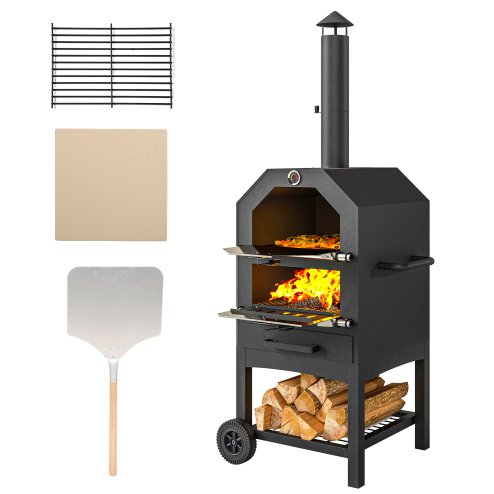 Outsunny 2-in-1 Outdoor Pizza Oven 3-Tier Freestanding Charcoal BBQ Grill with Rain Cover, Chimney, Thermometer, Bottom Shelf, Anti-scald Handles, Wheels for Garden Party Gathering