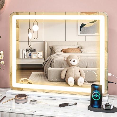 HOMCOM Vanity Mirror with Lights, Large Lighted Makeup Mirror with 3 Colour Lighting Modes, 10X Magnifying, USB Charging Port, Touch Screen, Tabletop or Wall Mounted Design for Bedroom, White