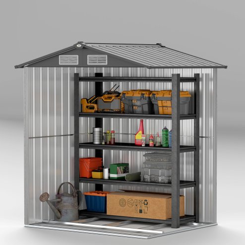 Outsunny 5ft x 4ft Garden Shed, Metal Tool Storage Shed with Sliding Door, Sloped Roof and Foundation Kit for Garden, Patio, Grey Wood Effect
