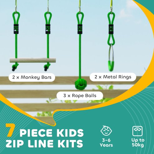 AIYAPLAY Zip Line for Kids Outdoor Adventures,7 Piece 10m Kids Slackline Kit with Wooden Monkey Bars, Metal Rings, Gripping Balls, Toddler Zip Line for Garden, Green