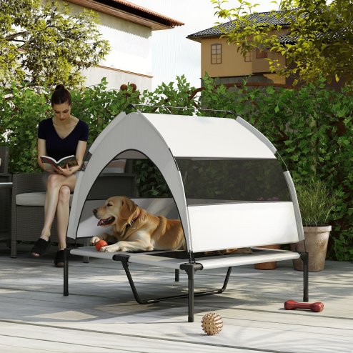 PawHut Elevated Dog Bed with Removable Canopy, Portable Cooling Raised Pet Cot with Breathable Mesh, Storage Bag, for Indoor Outdoor Use, for Medium Large Dogs, 92 x 75 x 89 cm, Light Grey