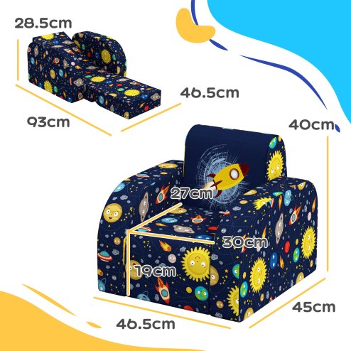 AIYAPLAY Kids Armchair, 2 in 1 Foldable Toddler Chair, Soft Snuggle Sponge Filled Recliner, for Bedroom Playroom Living Room, for Boys & Girls 18 Months to 3 Years - Dark Blue