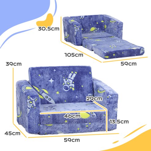 AIYAPLAY Kids Sofa Bed, 2 in 1 Kids Folding Bed Toddler Armchair with Glow in The Dark Cosmic Design, Washable Cushion and Cover, Convertible Kid Chair to Lounger for 1.5-3 Years Old, 1 Seater, Blue