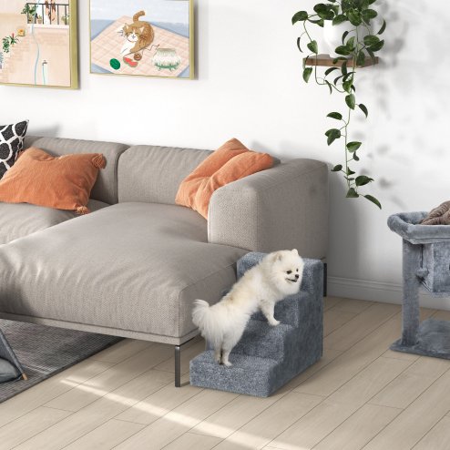 PawHut Dog Steps for Sofa, 4 Steps Dog Stairs, Pet Stairs, with Washable Plush Cover, for Small Breeds, Cats - Light Grey