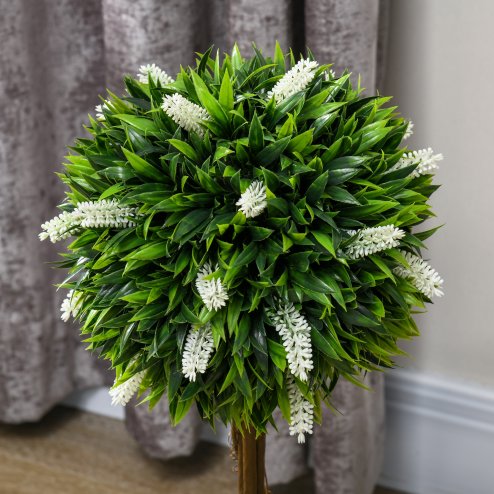 HOMCOM Set of 2 Decorative Artificial Plants Ball Trees with Lavender Flowers in Pot Fake Plants for Home Indoor Outdoor Decor, 60cm, White