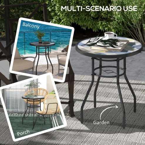 Outsunny 60 cm Garden Round Coffee Table,  Outdoor Side Table with Tempered Glass Printed Table Top and Foot Pads for Porch, Balcony, Multicolour