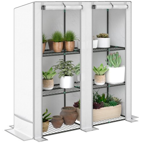 Outsunny 3 Tier Lean-to Mini Greenhouse with Reinforced PE Cover, Portable Small Greenhouse with Roll-Up Door, Grey Hemmed Edging, 144 x 48 x 152cm, White