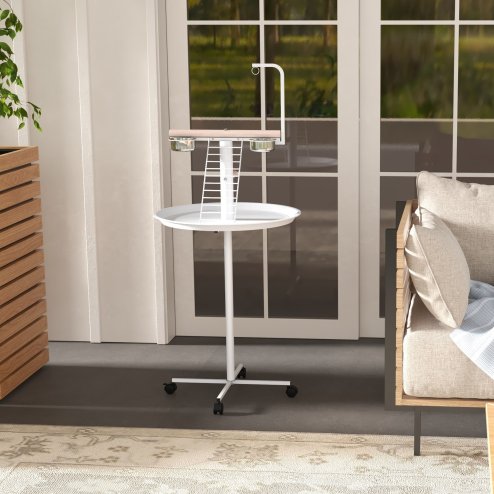 PawHut Bird Table, Bird Feeding Station with Wheels, Perches, Stainless Steel Feed Bowls, Round Tray for Indoor - White