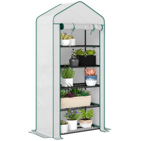 Outsunny 5 Tier Widened Mini Greenhouse with Reinforced PE Cover, Portable Indoor Outdoor Green House with Roll-up Door and Wire Shelves, 193H x 90W x 49Dcm, White