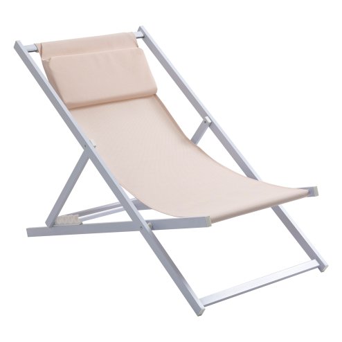 Outsunny Set of 2 Folding Garden Beach Aluminium Frame Deck Chairs Deckchairs Seaside Folding Garden Patio Lounger, Beige