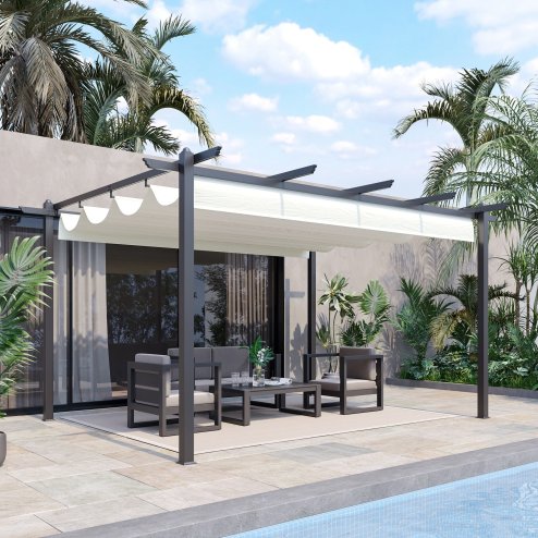 Outsunny 4 x 3(m) Aluminium Outdoor Pergola with Retractable Roof, Outdoor Gazebo Canopy Shelter with Grommet Holes for Garden, Patio, Lawn, Cream White