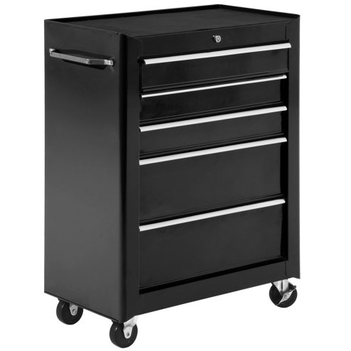 HOMCOM 5-Drawer Lockable Steel Tool Storage Cabinet with Wheels Handle 2 Keys Organisation Box Unit Chest Garage DIY Workshop Trolley Black
