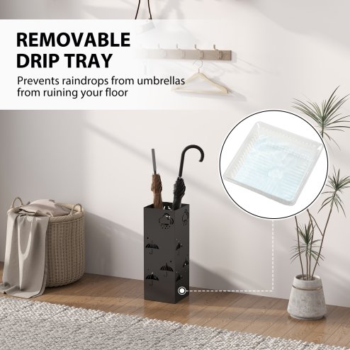 HOMCOM Metal Umbrella Stand, Square Umbrella Holder with Removable Drip Tray and 4 Hooks, Decorative Umbrella Storage Rack for Hallway, Entryway, 15.5 x 15.5 x 41 cm, Black