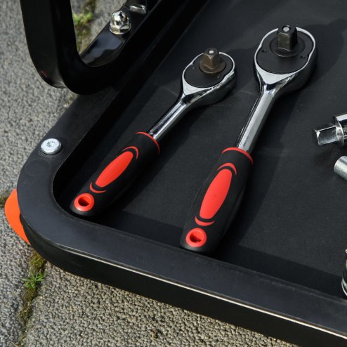 HOMCOM Workshop Stool, Rolling Machine Stool with 360?? Swivel, Padded Seat, Tool Tray, for Garage, Workshop, Auto Repair, Red