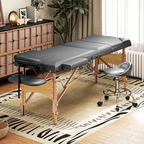HOMCOM Portable Massage Table, 3 Section Adjustable Beauty Bed, Wooden Foldable Massage Bed with Face Cradle, Padded Armrests for Spa, Lash, Tattoo, Grey