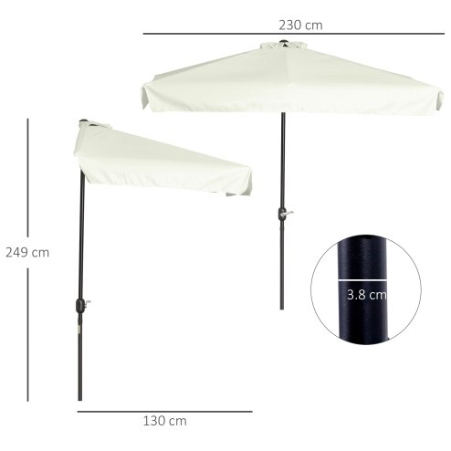 Outsunny 2.3m Half Parasol Semi Round Umbrella Patio Metal Frame Crank Handle for Balcony-- NO BASE INCLUDED, Off-White