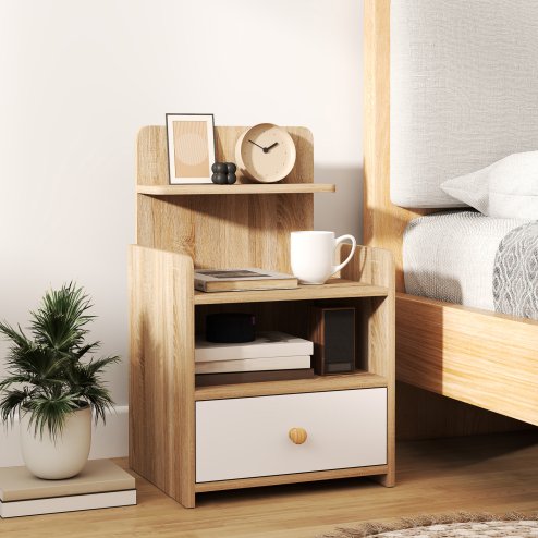 HOMCOM Bedside Table, Bedside Cabinet with Drawer, Modern Side Table with Shelf for Bedroom, Living Room, Natural Wood Effect