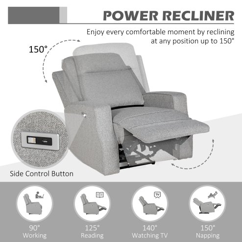 HOMCOM Electric Fabric Recliner Armchair, Reclining Chair with Adjustable Leg Rest, USB Port, for Limited Space Home Living Room, Grey