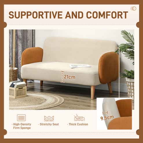 HOMCOM 2 Seater Sofa, Modern Nordic Loveseat Sofa Couch with Rubber Wood Legs, Velvet Fabric Sofa for Living Room, Bedroom, 130 x 74 x 76cm, Cream White and Orange