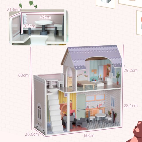 AIYAPLAY Dolls House with 13 Furniture Pieces and Accessories, 2 Levels Play Set with Balcony, Pretend Play Game, for Ages 3-6 Years