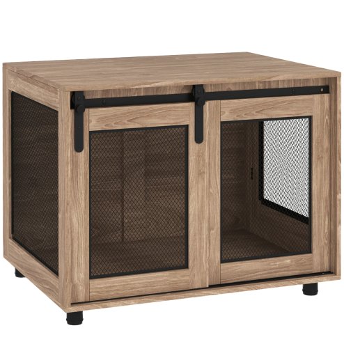 PawHut Dog Crate Furniture, Dog Cage End Table with Sliding Door, Pet Kennel for Medium Breeds, 80 x 58.5 x 63cm, Walnut Brown