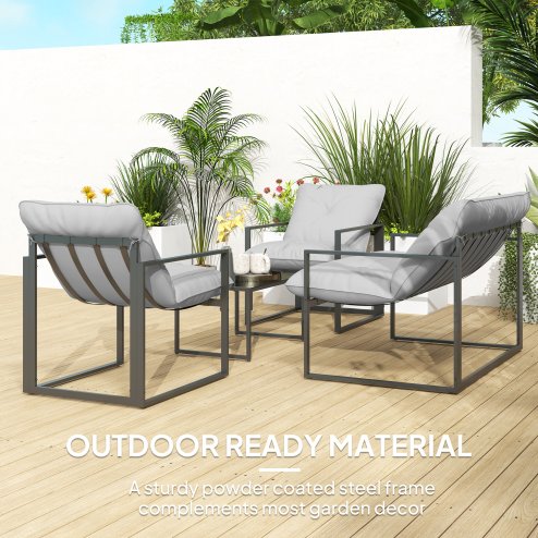 Outsunny 4 Piece Garden Sofa Set, 2 Single Armchair, Loveseat and Coffee Table Set with Steel Frame, Outdoor Furniture with Thick Cushions, Light Grey