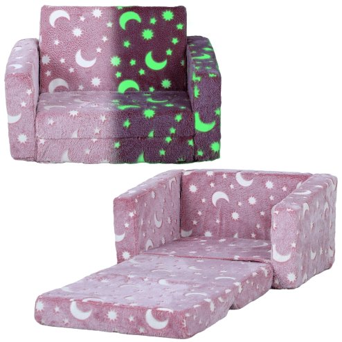 AIYAPLAY Kids Sofa Bed, 2 in 1 Kids Folding Bed Toddler Armchair with Glow in The Dark Stars Design, Washable Cushion and Cover, Convertible Kid Chair to Lounger for 1.5-3 Years Old, 1 Seater, Pink