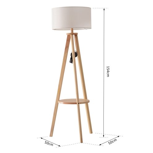 HOMCOM Tripod Floor Lamp, Freestanding Bedside Light Reading Light with Storage Shelf and Linen Shade for Living Room Bedroom, 154cm, Cream