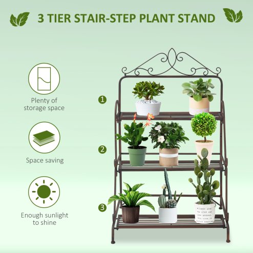 Outsunny 3 Tier Metal Plant Stand, Ladder Flower Pot Display Shelf, Storage Organiser Rack for Indoor Outdoor Patio Balcony Garden