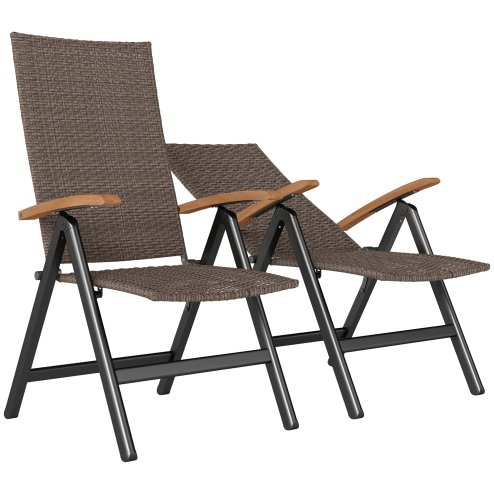 Outsunny 2 Pieces Outdoor Folding Dining Chair, PE Rattan Chair with Armrests, High Backrest, for Garden, Camping, Balcony, Porch, Brown