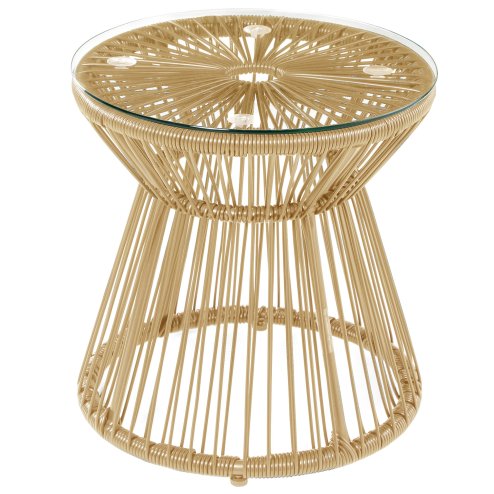 Outsunny Outdoor Coffee Table, Round PE Rattan Side Table with Tempered Glass Table Top, Hollow Drum Design for Garden, Balcony, Patio, Natural