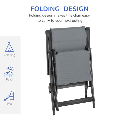 Outdoor Reclining Garden Chair Set of 2, 10-Position Adjustable Folding Sun Lounger Zero Gravity Chairs with Texteline Seat, Armrests and Footrest for Patio, Grey