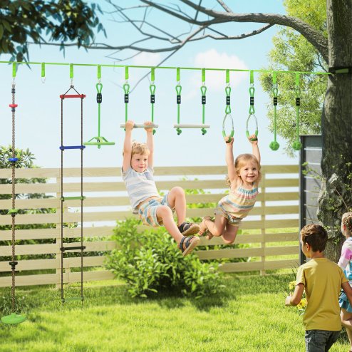 AIYAPLAY Obstacle Course for Kids, 32.8ft 10 Piece Zip Line Stackline for Kids, with 2 Monkey Bars, 2 Gym Rings, Rope Ladder, Nest Swing, Tree Protector, 2 Bags, Hanging Tray, 2 Rope Knots